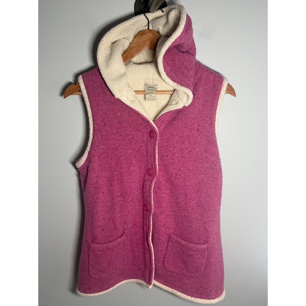 LL Bean Womens Pink Lambswool Blend Sherpa Lined Hooded Sweater Vest S 271805
